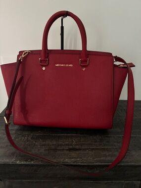 Michael Kors Red Saffiano Leather Satchel with Gold Hardware